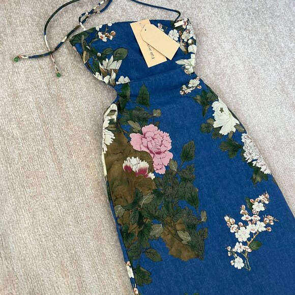 NWT Pheme Paris Floral Halter Silk Cotton Resort Cocktail Maxi Dress XS Blue - Picture 3 of 10